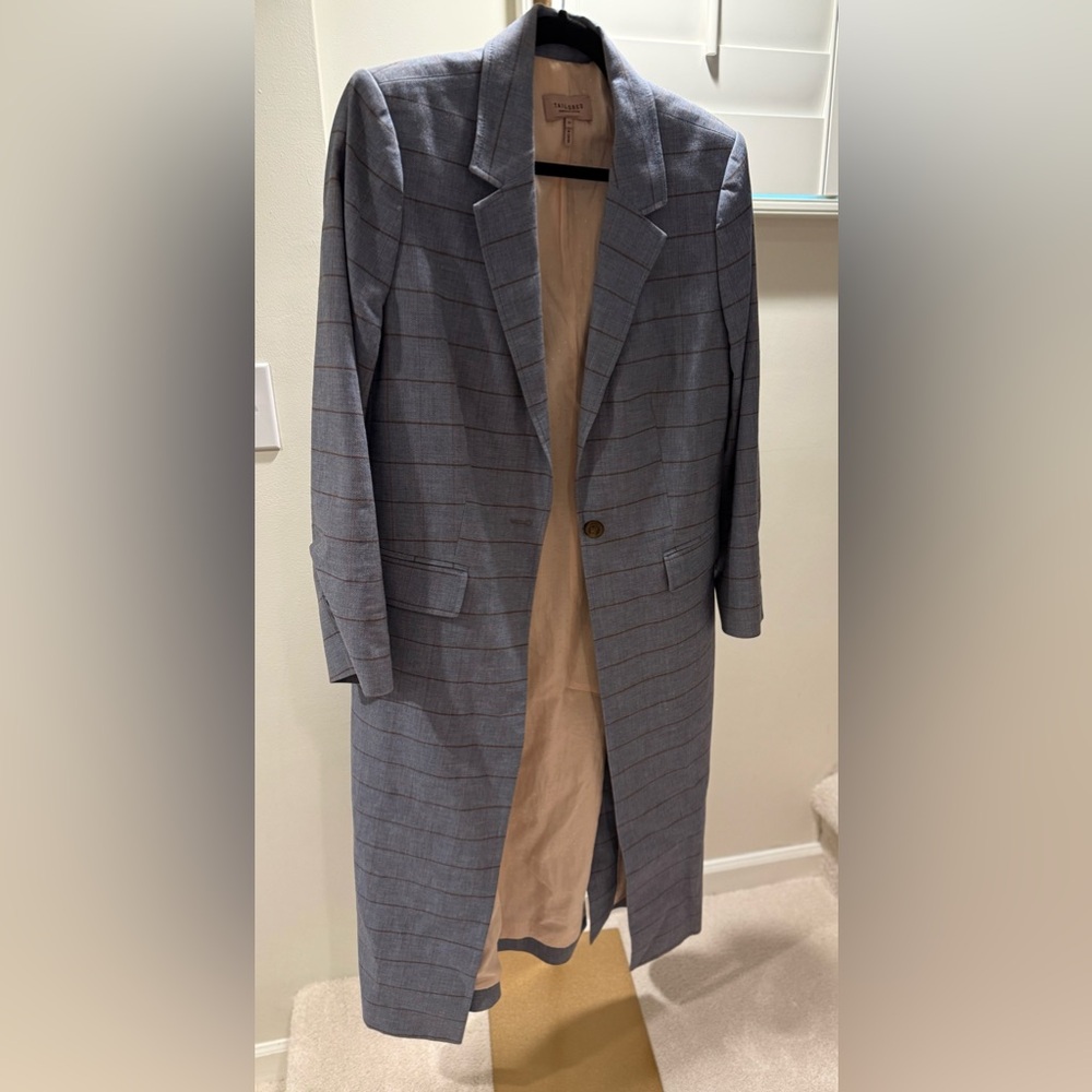 Rebecca Taylor Gray Windowpane Long Single-Button Blazer Coat